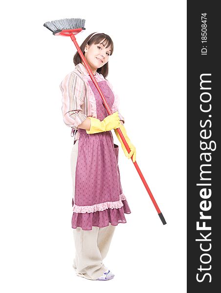 Young adult woman doing housework. over white background