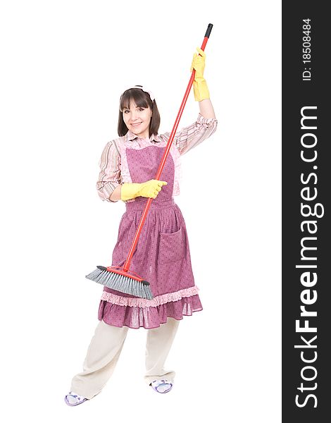 Young adult woman doing housework. over white background