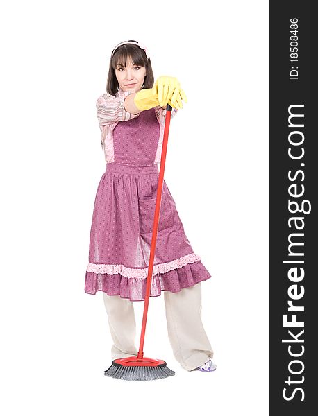 Young adult woman doing housework. over white background