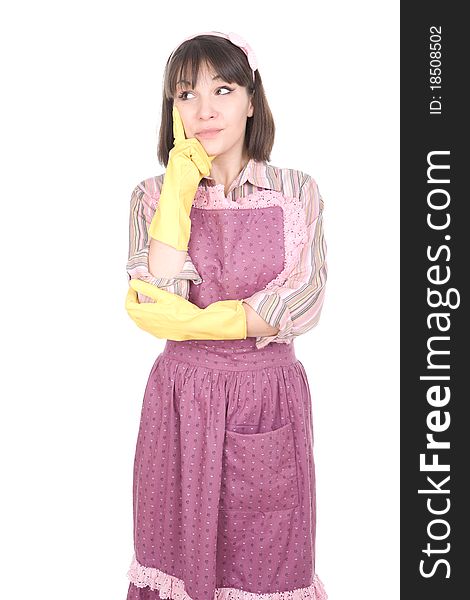 Young adult woman doing housework. over white background