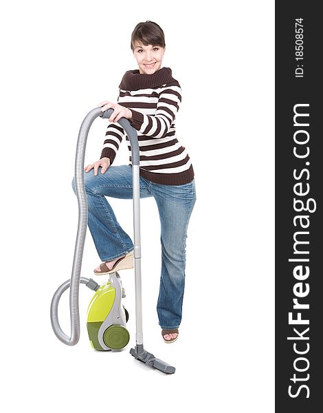 Young adult woman with vacuum . over white background