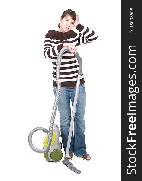 Young adult woman with vacuum . over white background