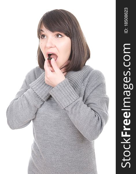 Young adult sick woman . over white background