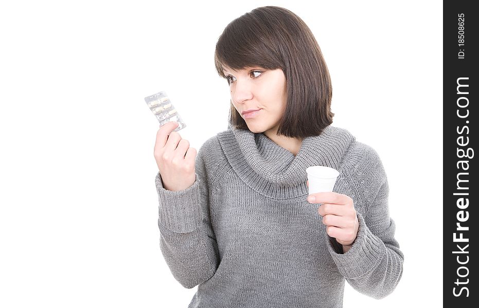 Young adult sick woman . over white background