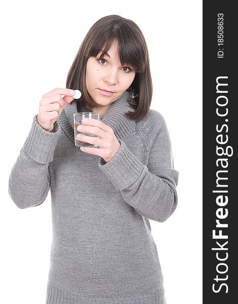 Young adult sick woman . over white background