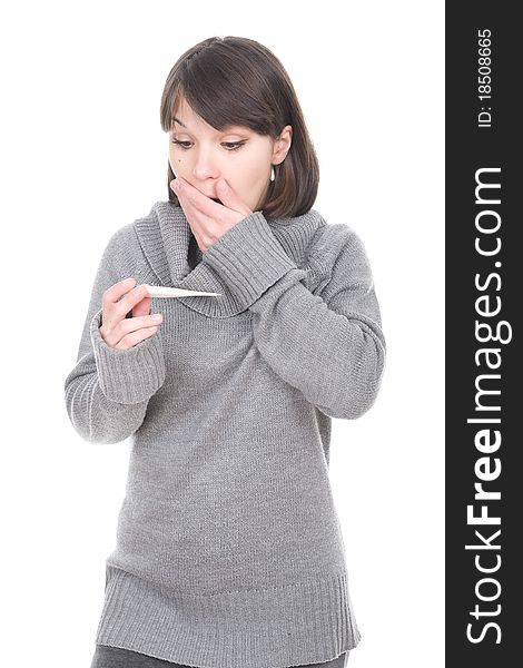 Young sick woman with thermometer. over white background