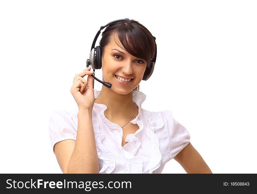 Young and smiling operator isolated over white background