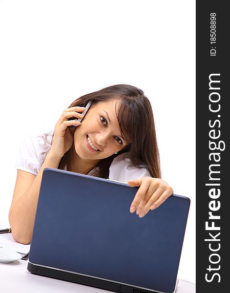 Business woman expression call mobile computer