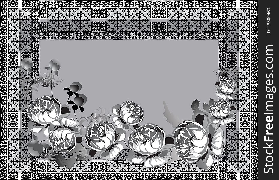 Illustration with grey rose design in decorated frame