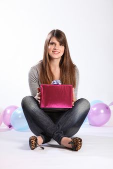Beautiful Happy Student Girl With Birthday Present Stock Photo Beautiful Happy Student Girl With Birthday Present Stock Photo
