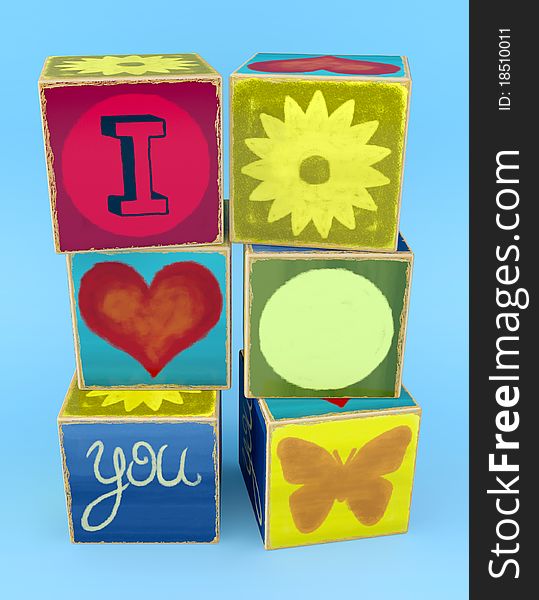 Toy cubes make up the word I love you.