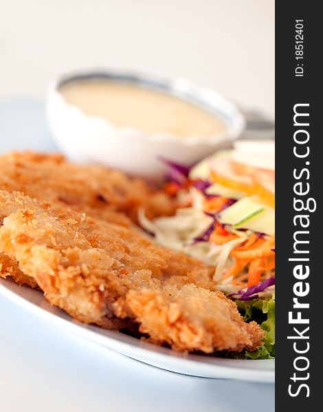 Batter-fried pork salad show as shallow depth of field photograph technical