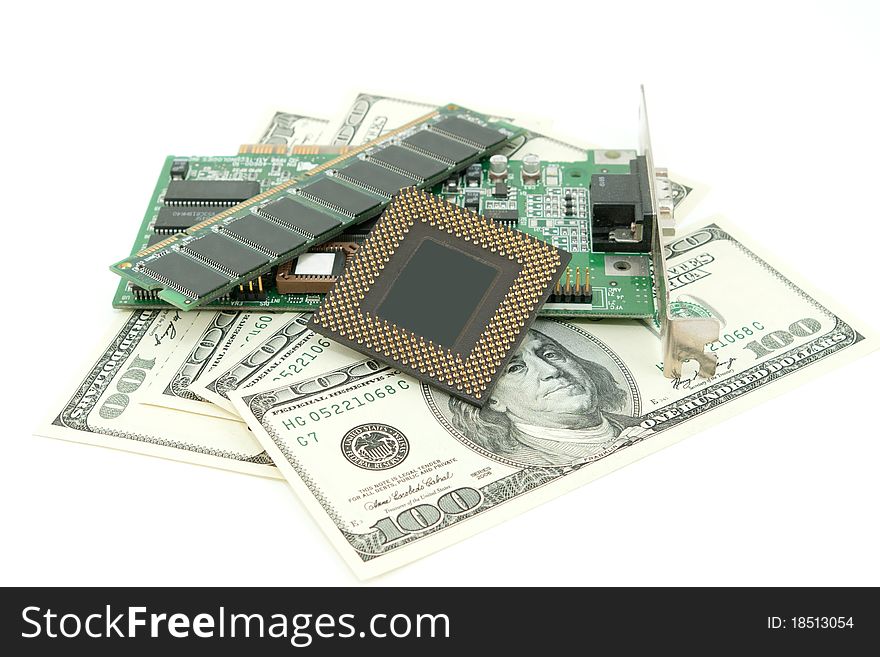 Computer components and money on white background