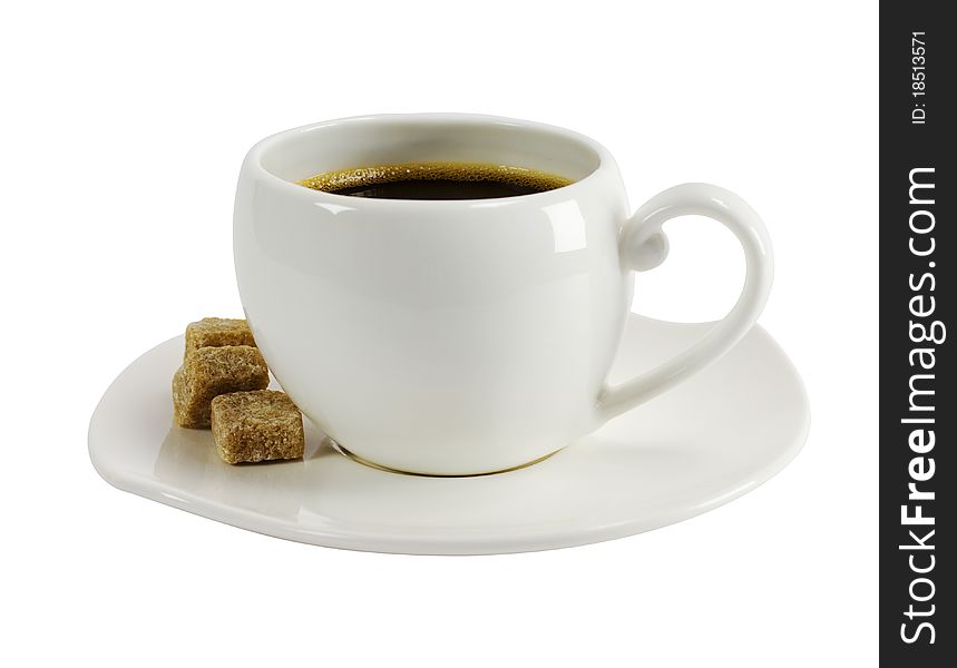 White cup of coffee and slices of raw cane sugar on a plate, isolated on a white background. White cup of coffee and slices of raw cane sugar on a plate, isolated on a white background