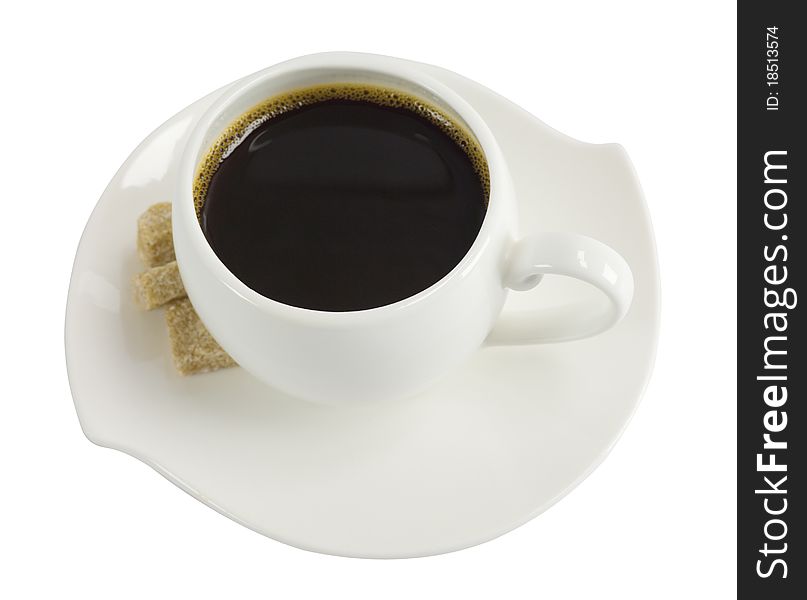 White cup of coffee and slices of raw cane sugar on a plate, isolated on a white background. White cup of coffee and slices of raw cane sugar on a plate, isolated on a white background