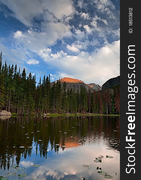 Image of Nymph Lake in Rocky Mountain National Park Colorado just before sunset.