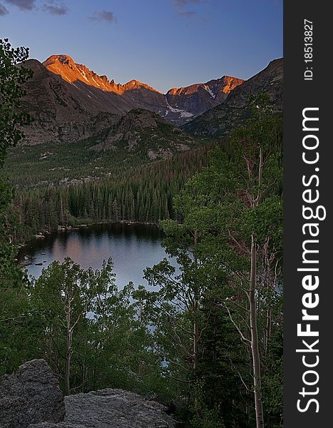 Image of Bear Lake in Rocky Mountain National Park Colorado just before sunset.
