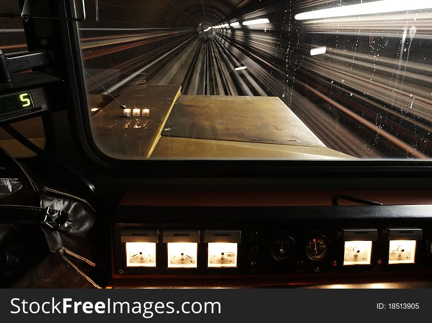 View from maintenance vehicle in the tunnel of Prague subway.