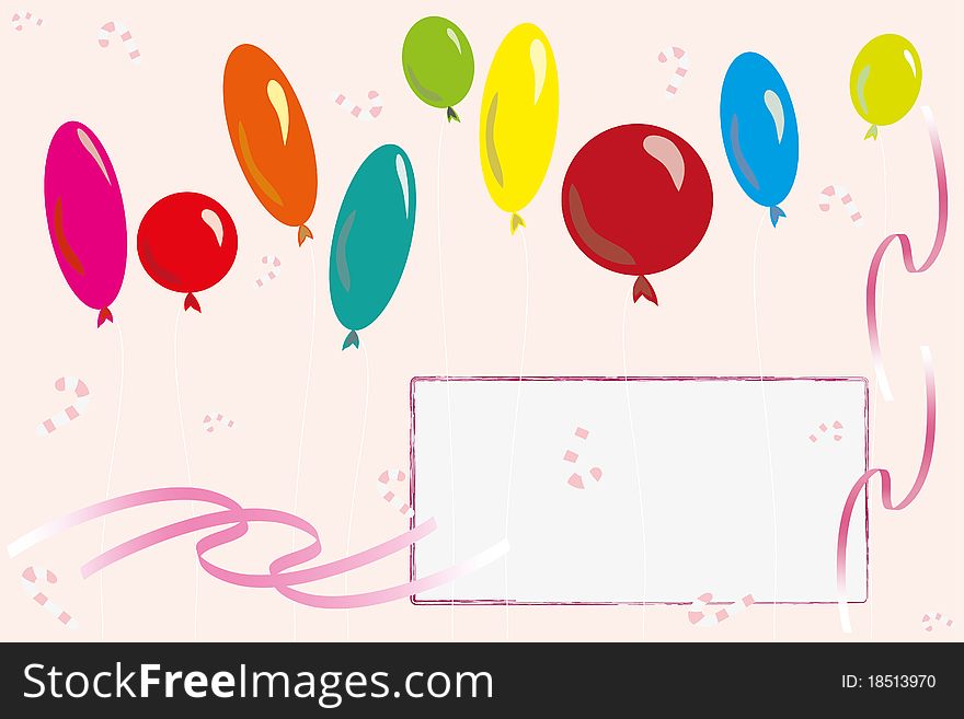 Postcard with colorful balloons on pink background. Postcard with colorful balloons on pink background