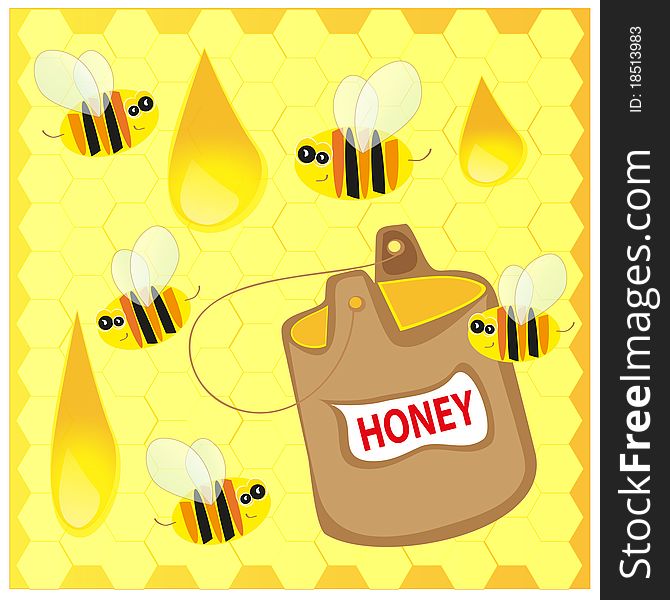 Bees and honey on the honeycomb background