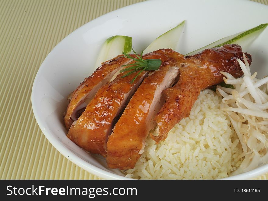 A plate of traditional malaysian chinese chicken rice
