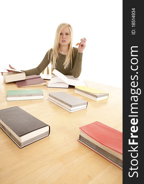 A woman is sitting at a big table with lots of books, looking unhappy. A woman is sitting at a big table with lots of books, looking unhappy.