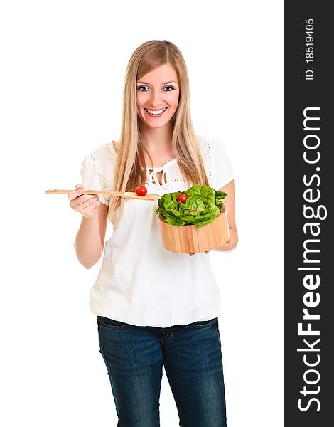 Woman with salad isolated on white
