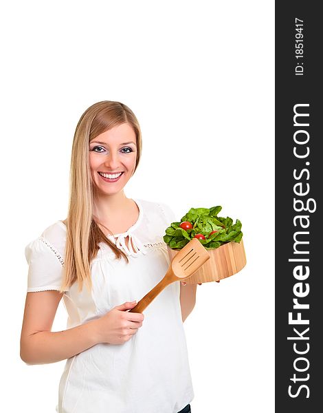Woman with salad isolated on white