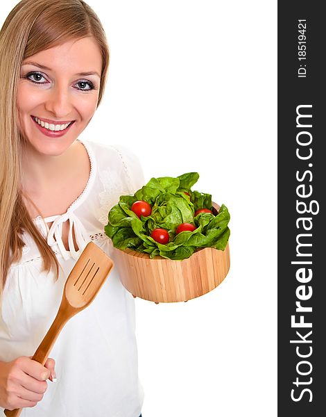 Woman with salad isolated on white