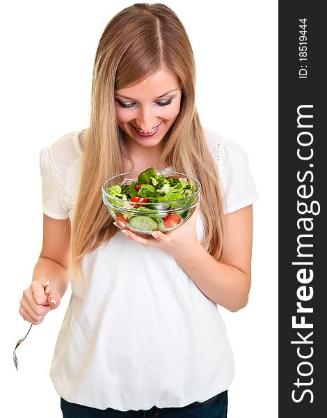 Woman with salad isolated on white