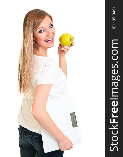 Woman with salad and scales isolated on white