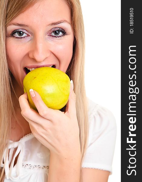 Blond caucasiam woman holding fruits isolated