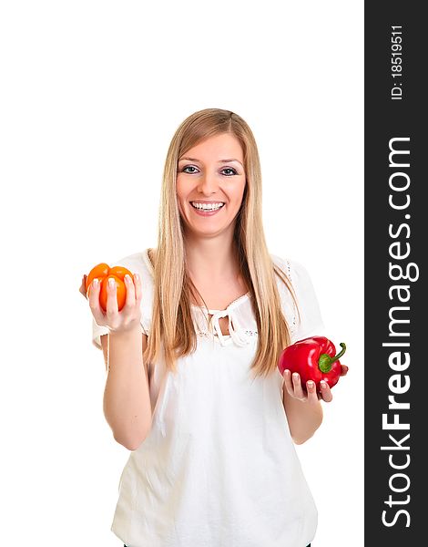 Blond caucasiam woman holding fruits isolated