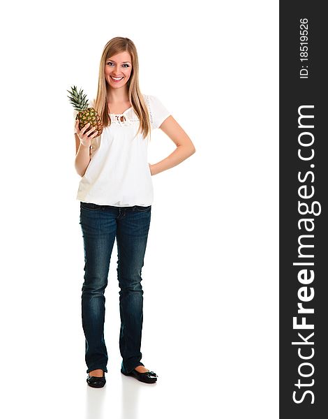 Blond Caucasiam Woman Holding Fruit