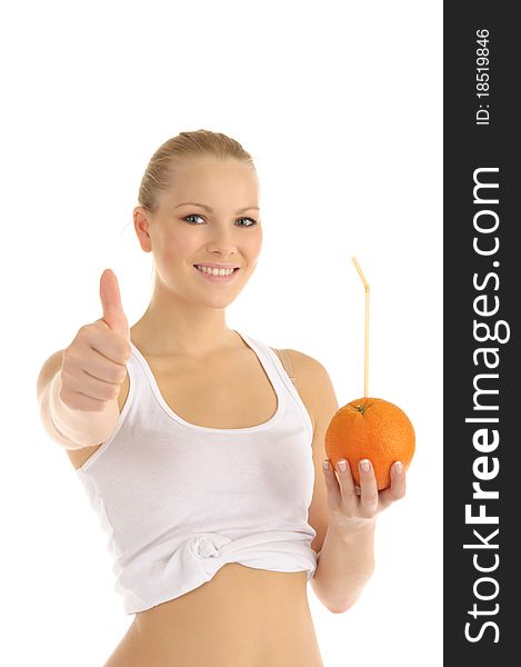 Happy woman holding orange with straw isolated on white