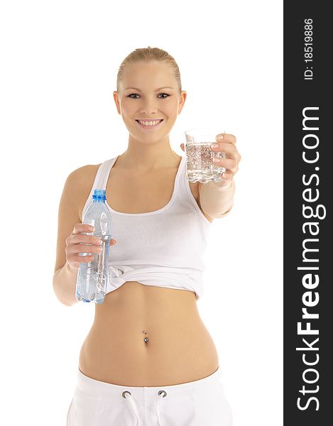 Happy woman offers a glass of water isolated on white