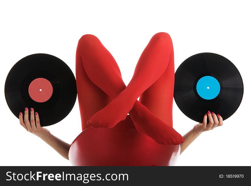 Female Feet In Red Stockings With Vinyl Record