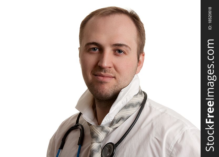 Mad doctor a stethoscope on a white background