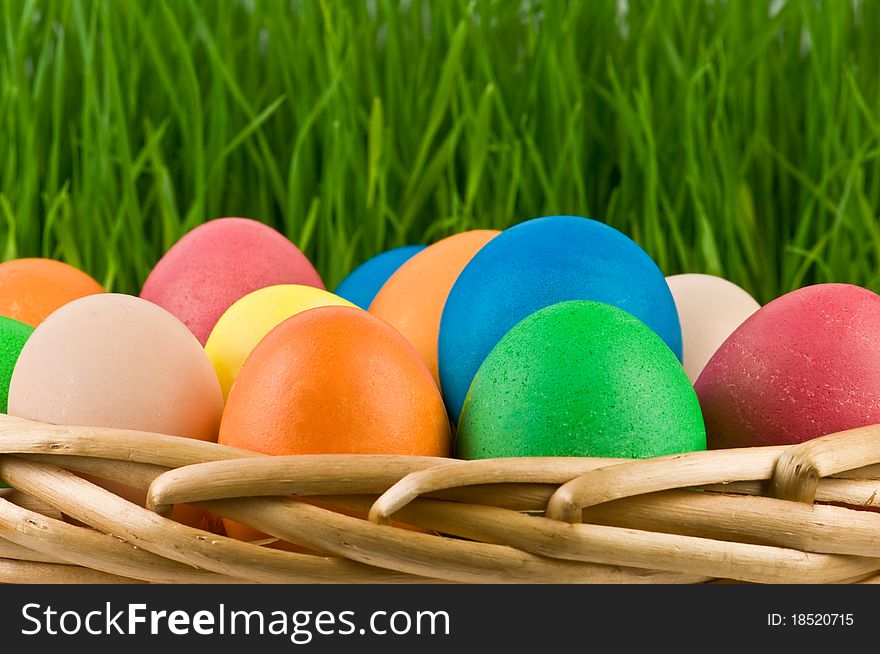 Easter eggs on basket closeup