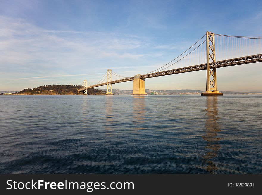 Afternoon view of Bay Bridge and Treasure Island in the San Francisco Bay, California.