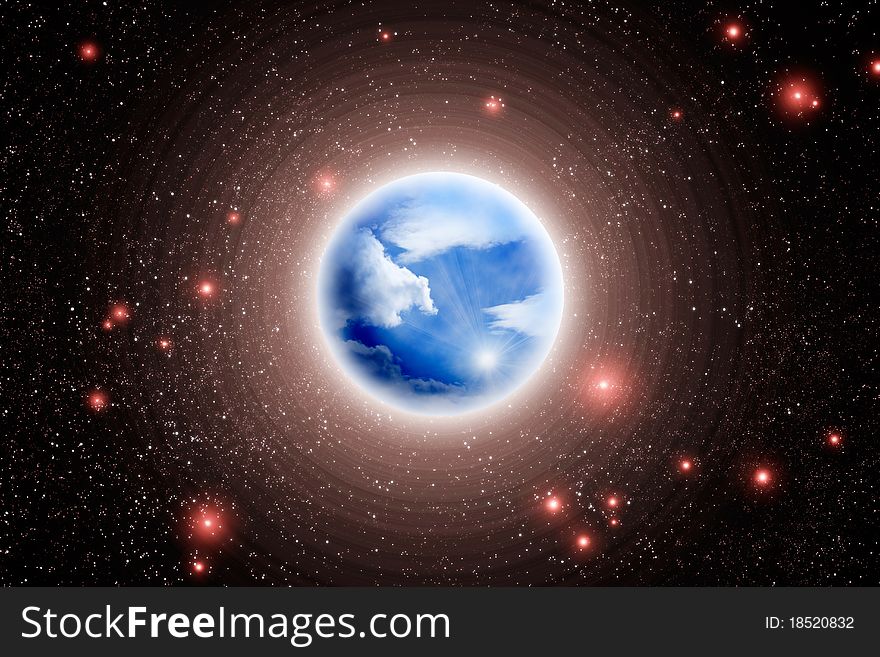 Illustration of blue planet and red stars