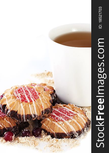 Butter biscuits with jam and cup of tea. Butter biscuits with jam and cup of tea