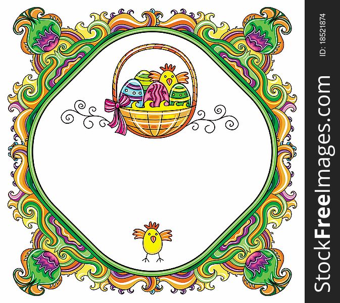 Holiday Easter Frame with white space for your text or info: Traditional basket with colorful painted easter eggs's, cute chickens. Floral elements like flowers and plants to celebrate Spring