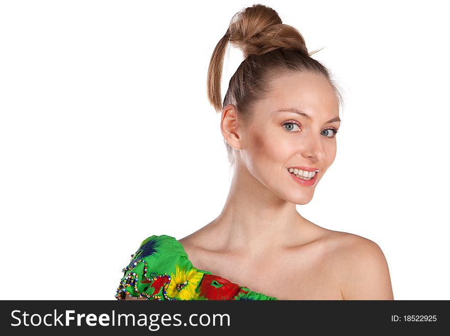 Close-up portrait of young smiley female in green isolated on white. Close-up portrait of young smiley female in green isolated on white