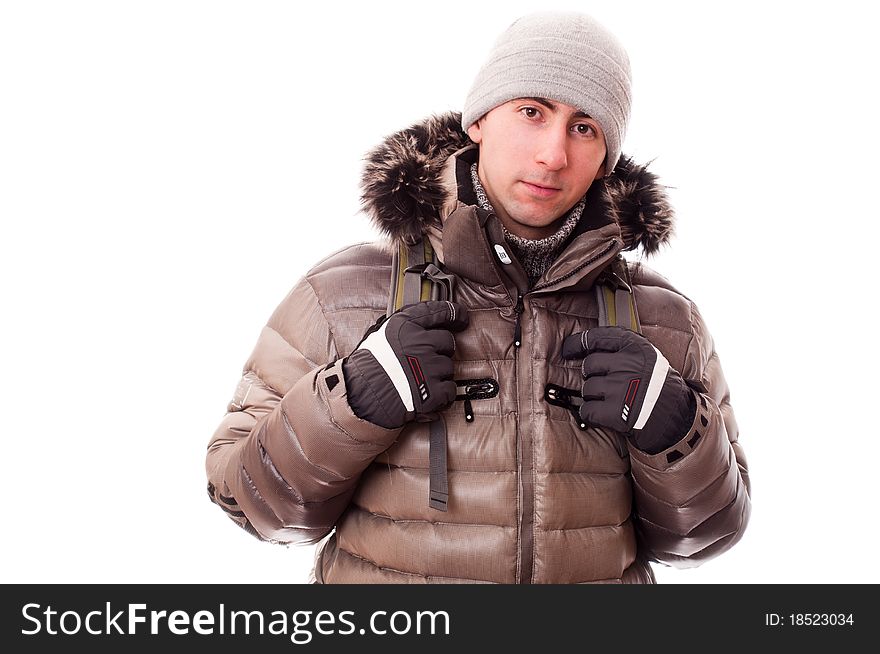 Traveller in winter clothe (isolated on white). Traveller in winter clothe (isolated on white)