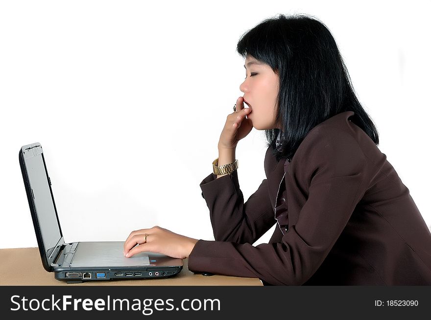 Secretary's office yawning in his office isolated on white background. Secretary's office yawning in his office isolated on white background