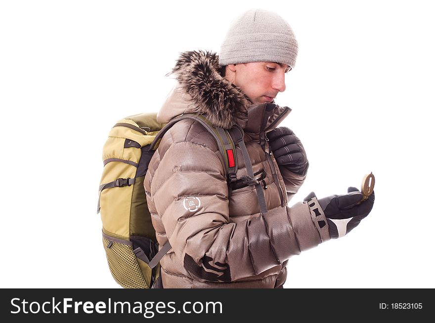 Traveller in winter clothes (isolated on white). Traveller in winter clothes (isolated on white)