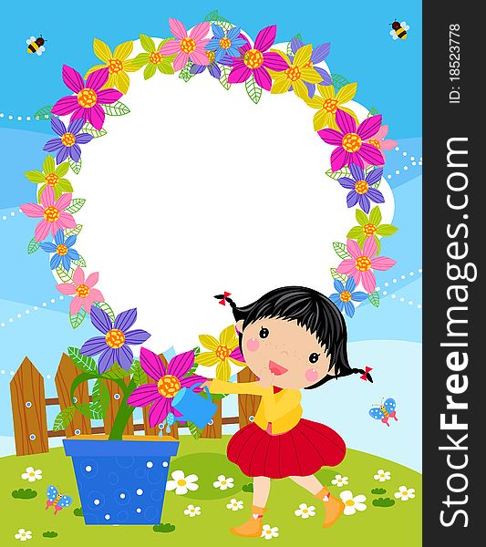 Illustration of small girl is watering plant in the garden.