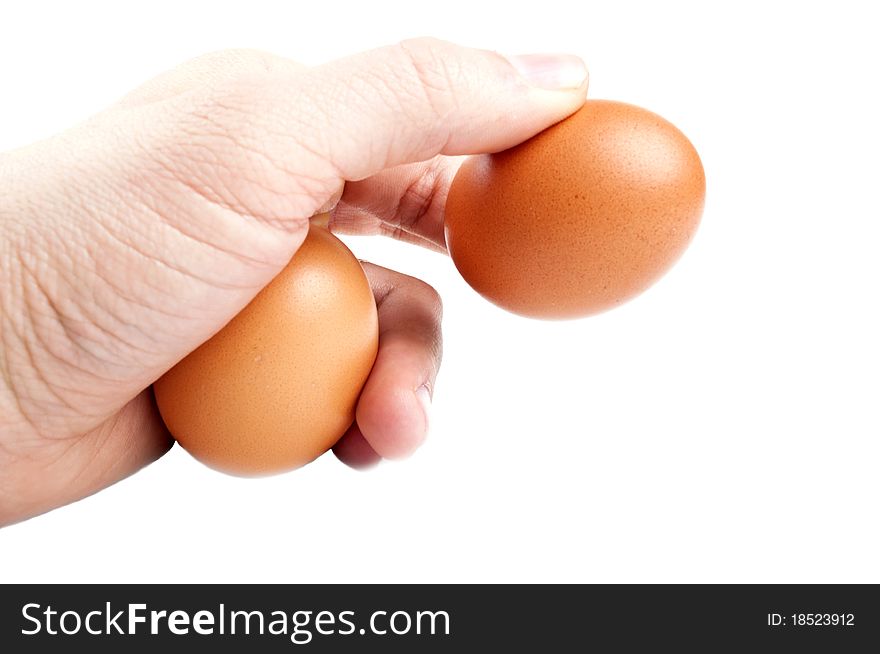 Two eggs in hand on a white background