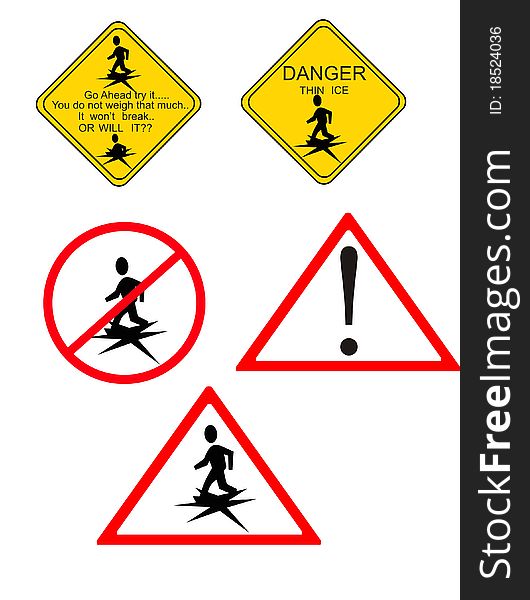 Danger and warning signs for thin ice. Danger and warning signs for thin ice..